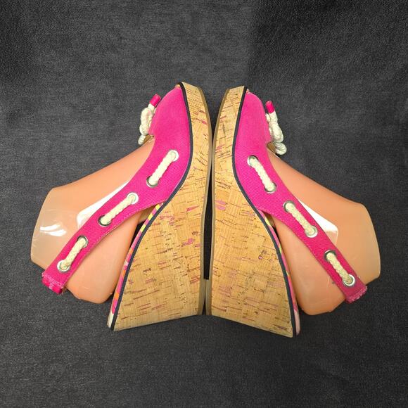 Sperry Top Sider Pink Slingback Rope Bow Wedge Heels Peep Toe Shoes Sandals - Picture 5 of 10